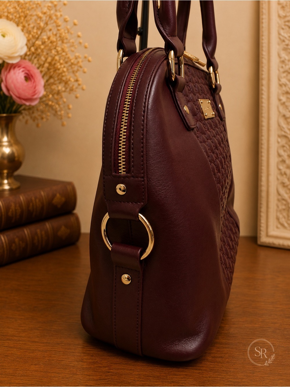 St. John Wine Leather Dome Satchel Quilted Shoulder Bag Purse - Picture 5 of 11
